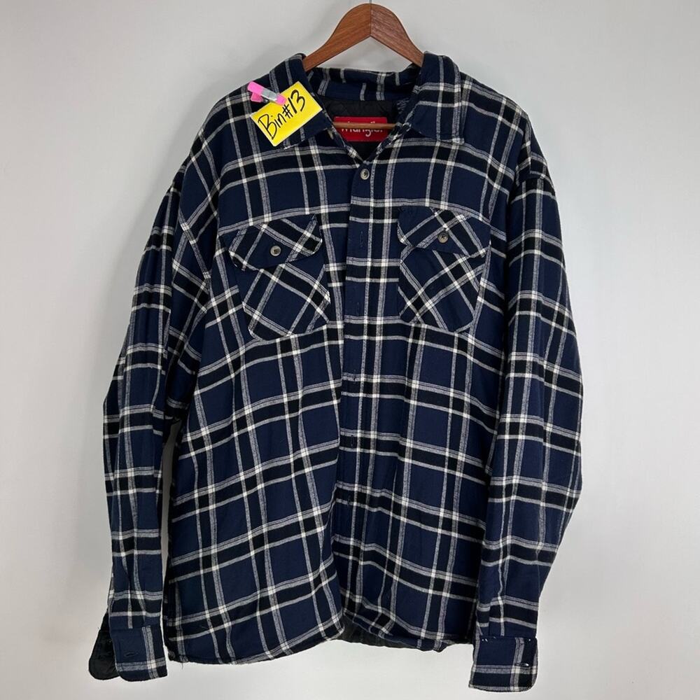 Wrangler Men's 2XL Blue White Plaid Flannel Quilted Button Up Jacket Lumberjack